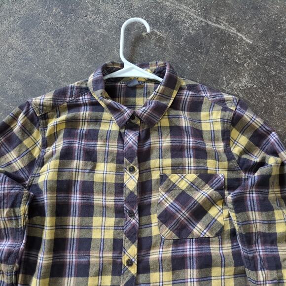 Eddie Bauer Crop Flannel Shirt Womens L Yellow Plaid Button Up Long Sleeve Y2K - Picture 2 of 7